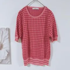 ザラ　ZARA KNIT　チェック柄 半袖　ニット　赤ピンク　肌触り良い　M