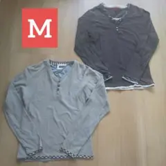 中古メンズMサイズブラウン&ライトグレー重ね着風レイヤードトップス2枚まとめ売り