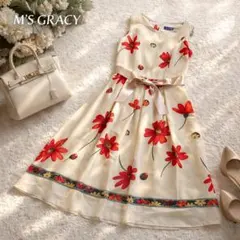 未使用級⭐️エムズグレイシー フラワー プリント ワンピース 花柄 リボン 38