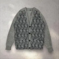 vintage ニット カーディガン グレー M 総柄 幾何学模様 カジュアル