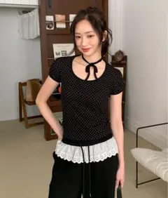 ドット柄 ブラック Tシャツ 半袖