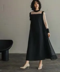 ［新品，未使用］サイドレースプリーツスタンドネックAラインロングワンピース