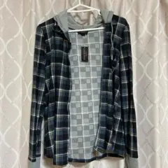 フード付きチェックシャツ L ネイビー