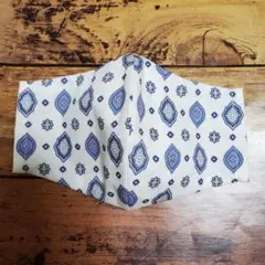 ハンドメイド マスク 花柄 ホワイト＆ブルー ダブルガーゼ