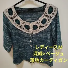 レディースM 深緑×ベージュ 薄地カーディガン