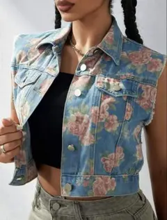 SHEIN ヴィンテージ　フローラル柄　デニムベストのサムネイル