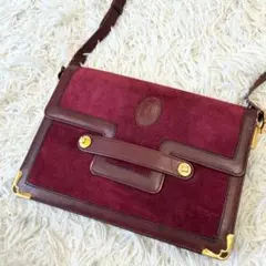 カルティエ マストライン スエード×レザー ショルダーバッグ ワインレッド