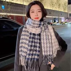 ☆カシミアタッチ☆千鳥格子ストール☆マフラー☆ネイビー×グレー