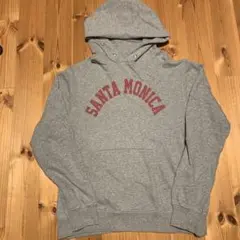 古着　チャンピオンフーディ　サンタモニカ染み込みプリント　グレー　サイズXL