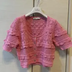 ZARA ピンク レース編み カーディガン M