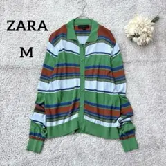 ZARA ザラ　マルチボーダーカーディガン　ポロ襟　M グリーン　薄手　個性派