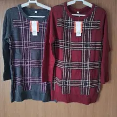 洗えるニット M グレー・ワインレッド　2枚セット