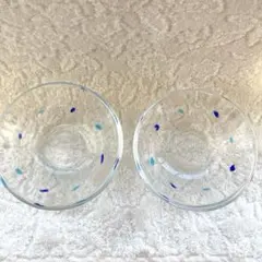 ガラス製小皿2個セット 青とターコイズの点