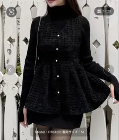 パール釦ツイードペプラムトップス