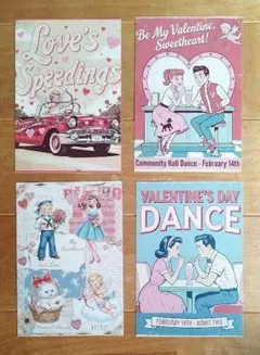 【4枚セット】ヴィンテージ風 バレンタイン ポストカード レトロ アメリカン　２