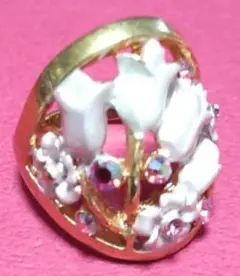 ゴールドリング 白い花とストーン装飾サイズ 12