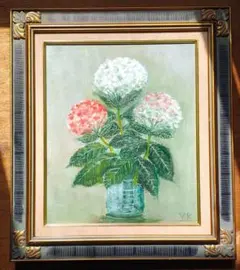 【希少】油絵 F8号 紫陽花 肉筆画 アンティーク調 ネイビー/紺色 麻100%