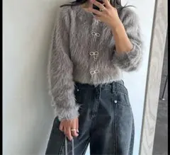 snidel ビジューリボンショートカーディガン グレー