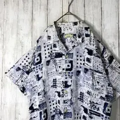 レトロ アート柄 総柄 半袖シャツ レーヨン ミントグリーン ゆるダボ