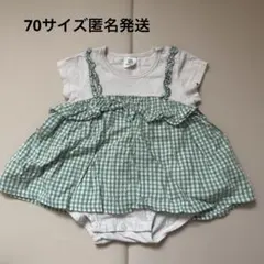 devilock 女の子　半袖 グリーンチェックロンパース フリル付き 70