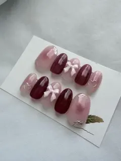 ネイルチップ ピンク レッド リボン ショート ハート