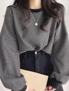 ストライプ バルーンスリーブ 長袖トップス