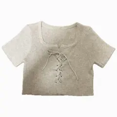 nemne store レースアップ半袖リブニット グレー