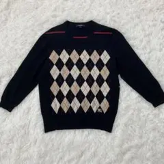 上品　バーバリーロンドン　アーガイルニット　ウール　ブラック　L