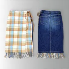 デニム×チェック 巻きスカート フリンジ 一点物