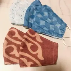 【ハンドメイドに布マスク】4枚セット＋ゴムなし2枚 青色・茶色・水色レース