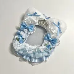 60 硬質ケースデコ 水色 猫耳 リボンデコ レースデコ トレカデコ