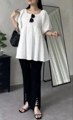 バックリボンダイヤジャガードタックペプラムブラウス
