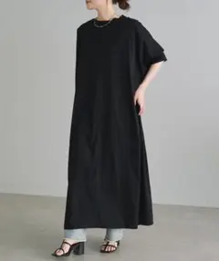 美品 ソージュ ストレッチファイン袖切替ワンピース ダークネイビー L