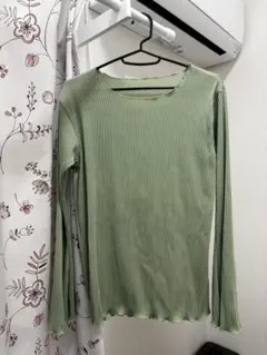 リブ編み グリーン 長袖 Tシャツ Mサイズ
