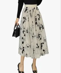 チュール 花柄 プリーツスカート ロング Aライン フレアスカート フォーマル