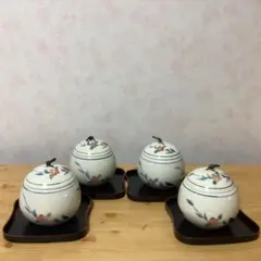 蓋付蒸し碗　山茶花　敷盆付き　4客セット