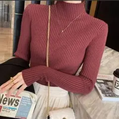 バーガンディ タートルネックニット 長袖