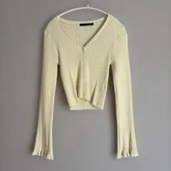 Heather リブ Vネック カーディガン イエロー ショート丈