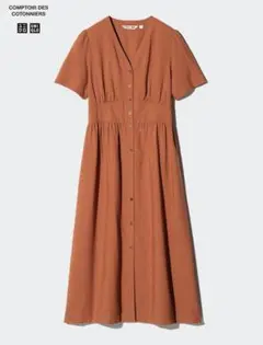 UNIQLO、コラボ　半袖 オレンジ　リネンブレンドVネックワンピース L