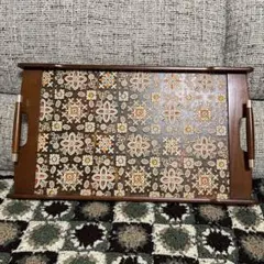木製トレイ カラフル花柄　レトロ　ヴィンテージ　レザー張り