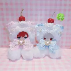 ピンクチェック×水色】10cm おすわりぬい服 着ぐるみ 猫耳 にじ