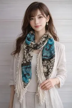 ボヘミアン柄 切替デザイン 大判ストール ターコイズ×ベージュ フリンジ付き