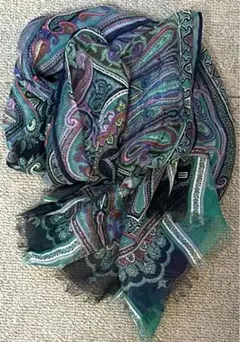 ETROペイズリー柄　ストール スカーフ　ブラック　グリーン系　シルク100%