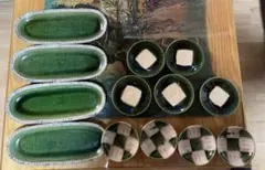 緑色の楕円形皿と小皿セット　まとめ売り