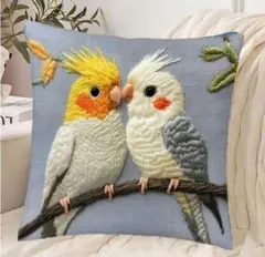 クッションカバー 　オカメインコA 　刺繍風　４５ｃｍ　鳥の雑貨　HANAKO