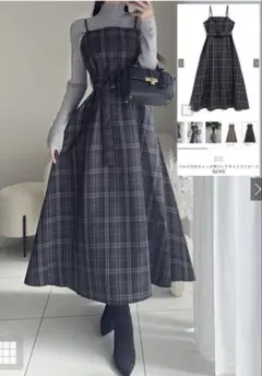 【美品】 GRL ベルト付きチェック柄フレアキャミワンピース［tg762］