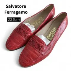 希少　フェラガモ　ガンチーニ　クロコ型押し　レッド　ローファー　23.5㎝