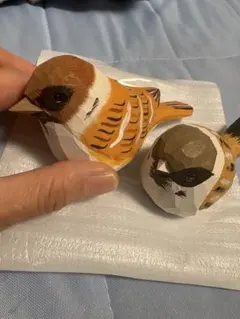 スズメ 木彫り 置物 2個セットころりとかわいい木のスズメ2羽