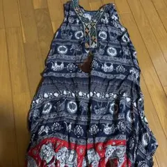 エスニック風ワンピース ネイビー レッド