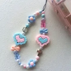 ビーズキーホルダー ストラップ　平成女児　平成ファンシー　ドットハート　ピンク